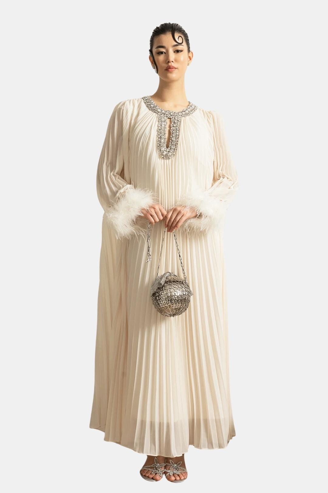 Solenne | Diamante Feathered Pleated Maxi Chiffon Dress