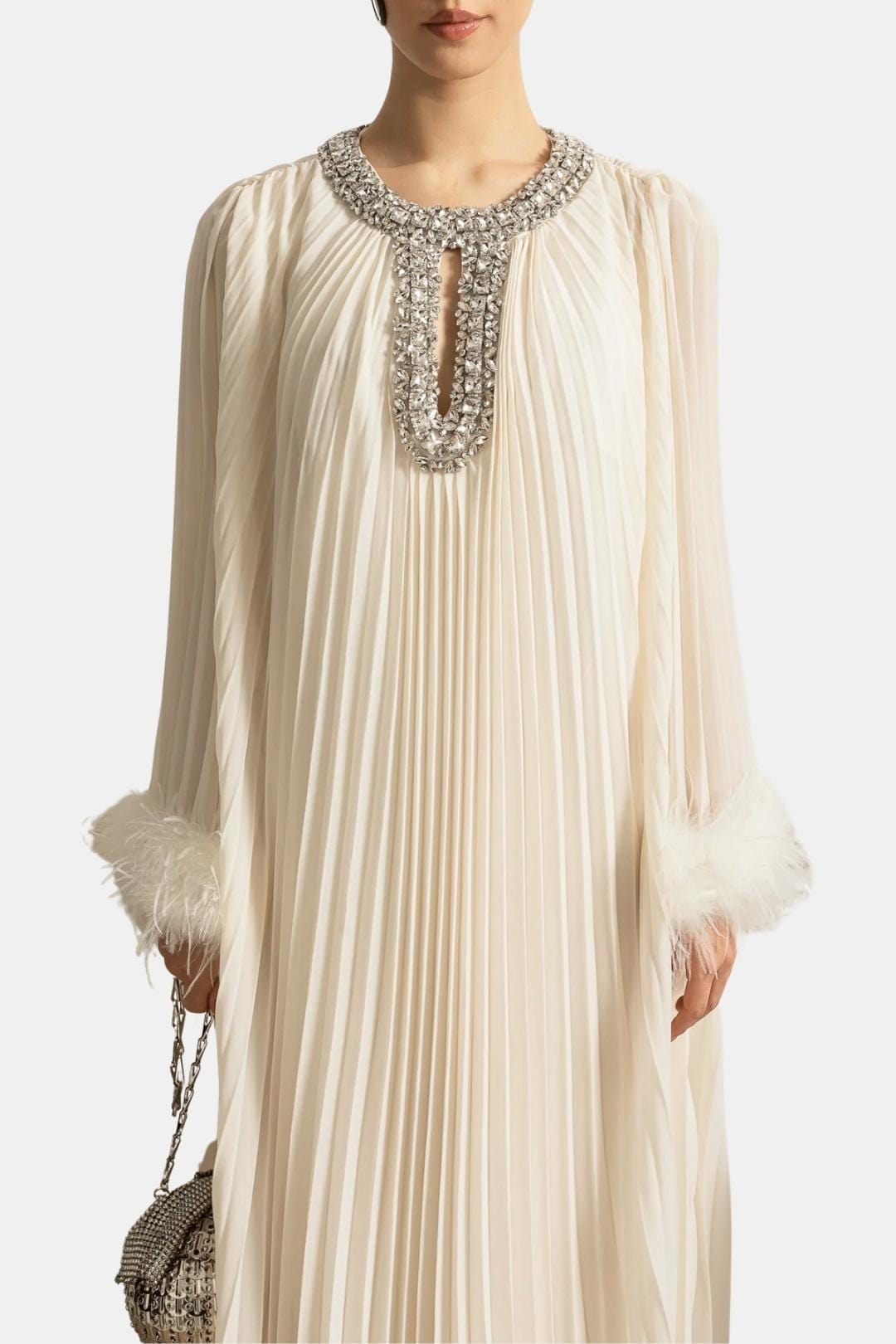 Solenne | Diamante Feathered Pleated Maxi Chiffon Dress