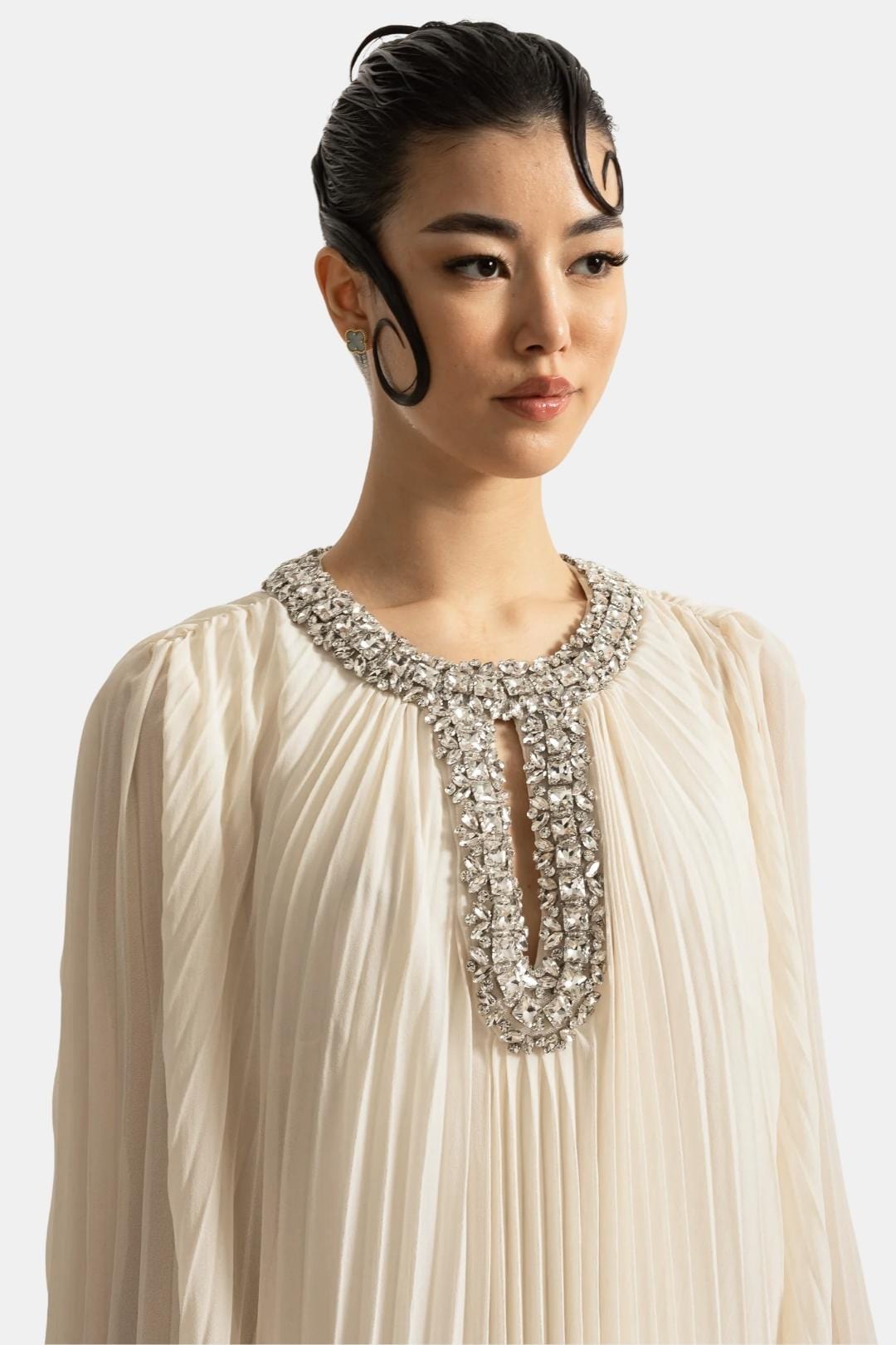 Solenne | Diamante Feathered Pleated Maxi Chiffon Dress