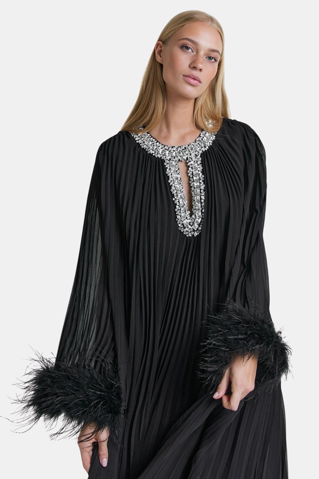 Seraphine | Diamante Feathered Pleated Maxi Dress