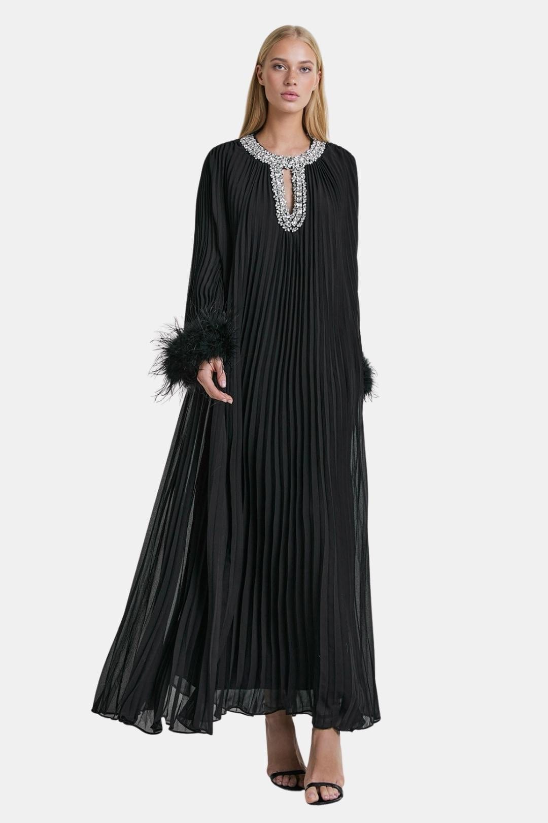 Seraphine | Diamante Feathered Pleated Maxi Dress