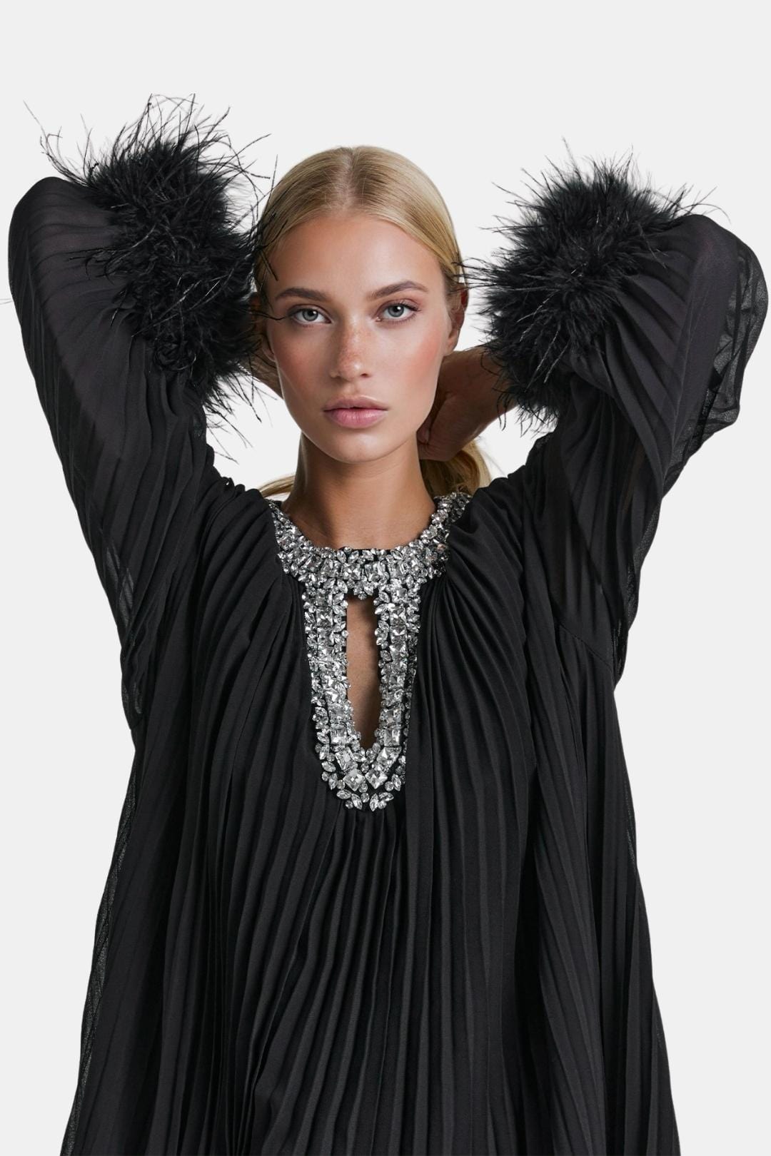 Seraphine | Diamante Feathered Pleated Maxi Dress