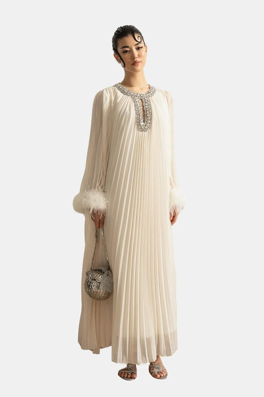 Solenne | Diamante Feathered Pleated Maxi Chiffon Dress