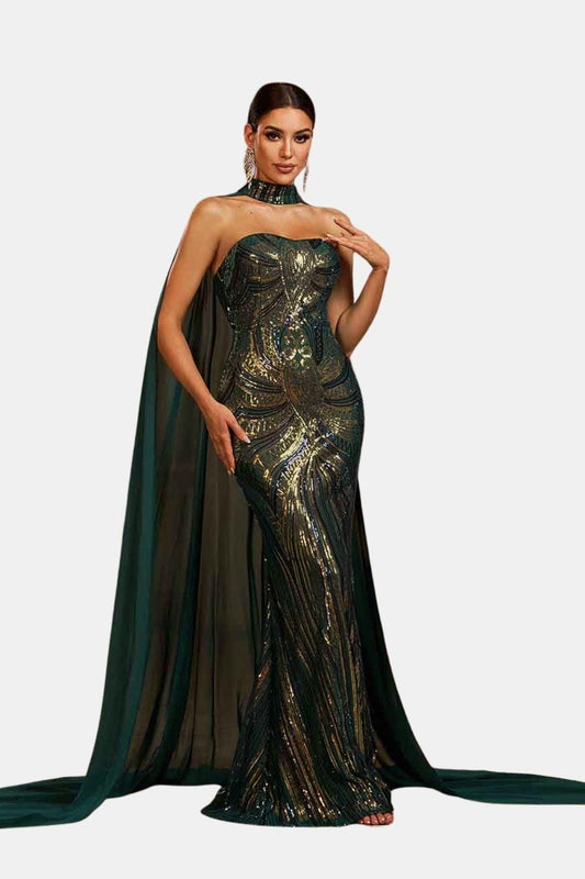 Selviana | Sequin Cape Mermaid Evening Dress