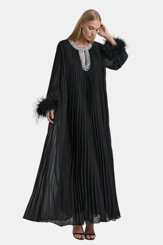 Seraphine | Diamante Feathered Pleated Maxi Dress