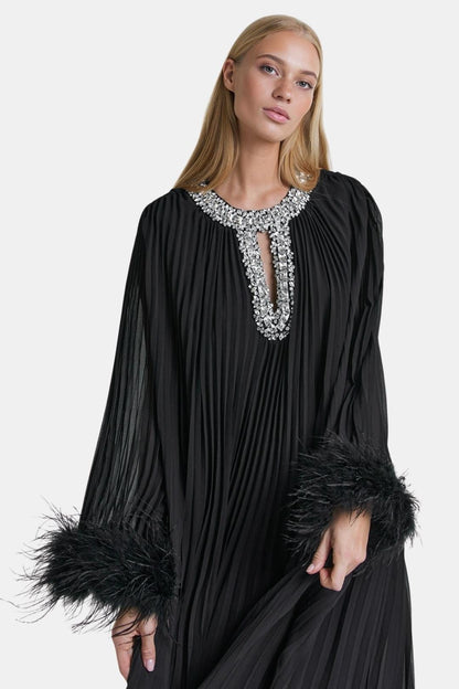 Seraphine | Diamante Feathered Pleated Maxi Dress
