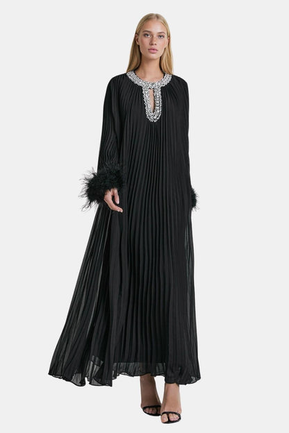 Seraphine | Diamante Feathered Pleated Maxi Dress